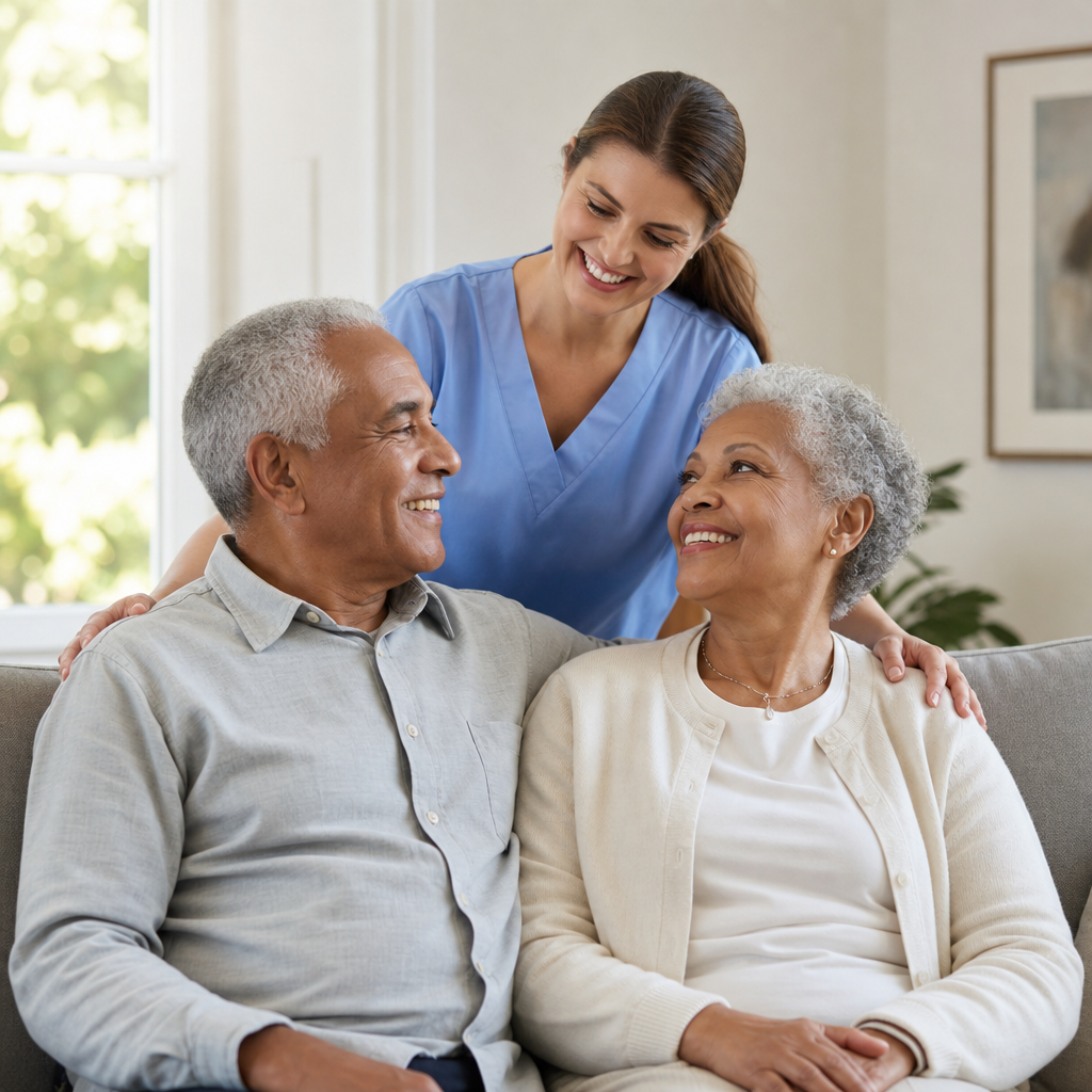 Caregiver supporting a smiling older couple at home