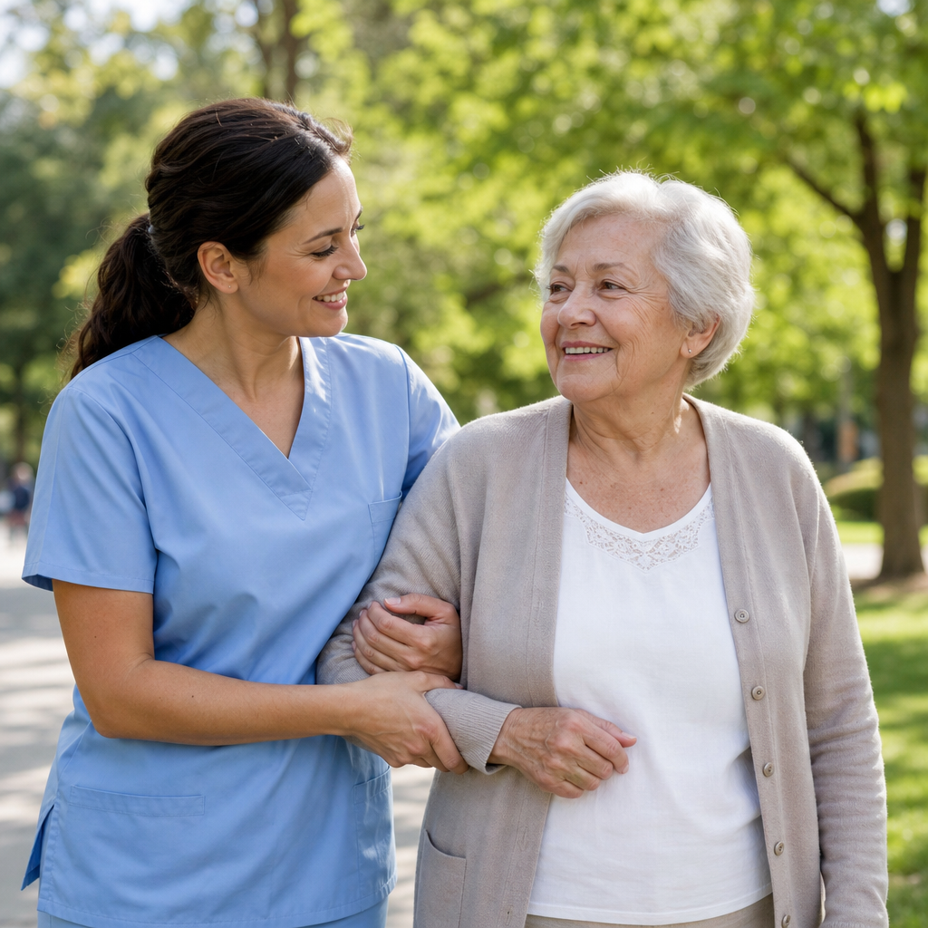 Caregiver walking outdoors with an older adult