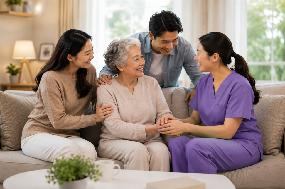 Family gathered with a nurse